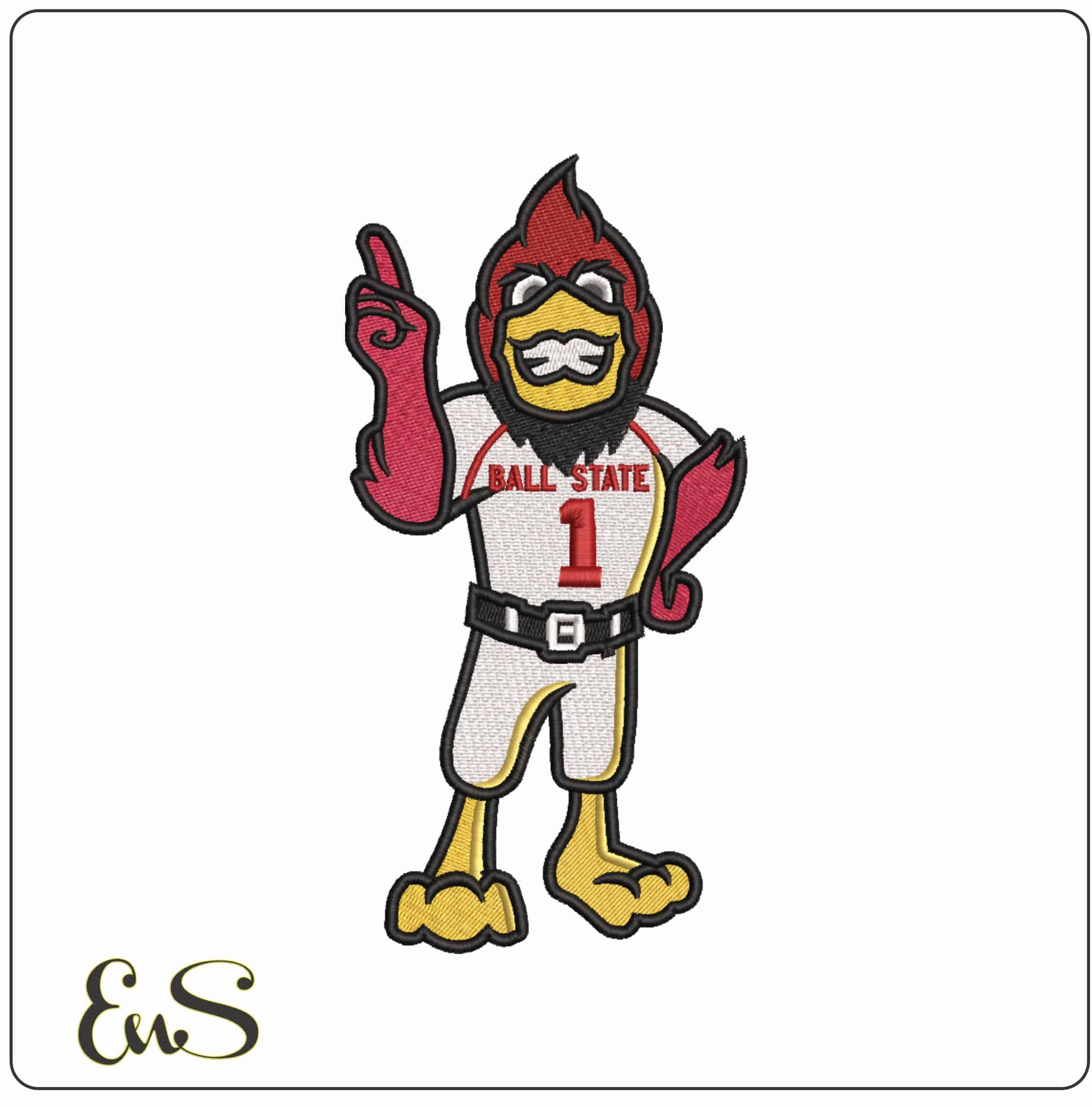 Ball State Cardinals Charlie Cardinal Number One Mascot Embroidery Design