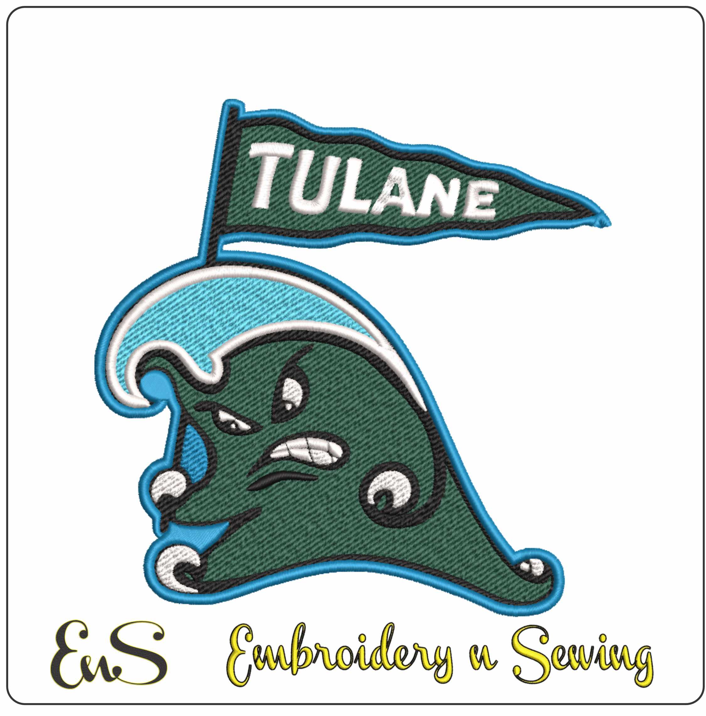 Tulane Green Wave Mascot with Pennant Embroidery Design