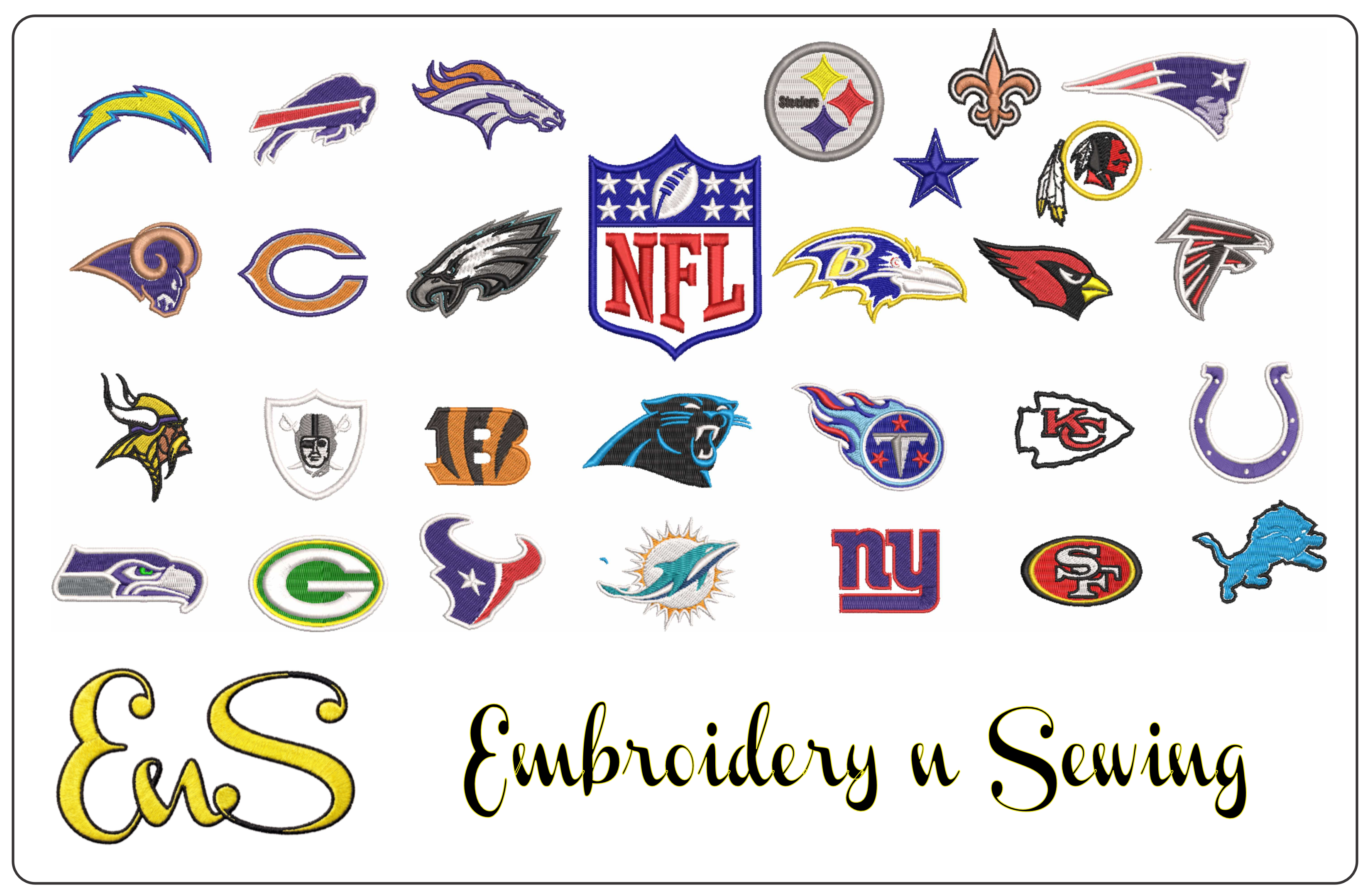 28 National Football League NFL - Individual Logos SPECIAL PACKAGE -  2 inch embroidery design of the logos for the NFL