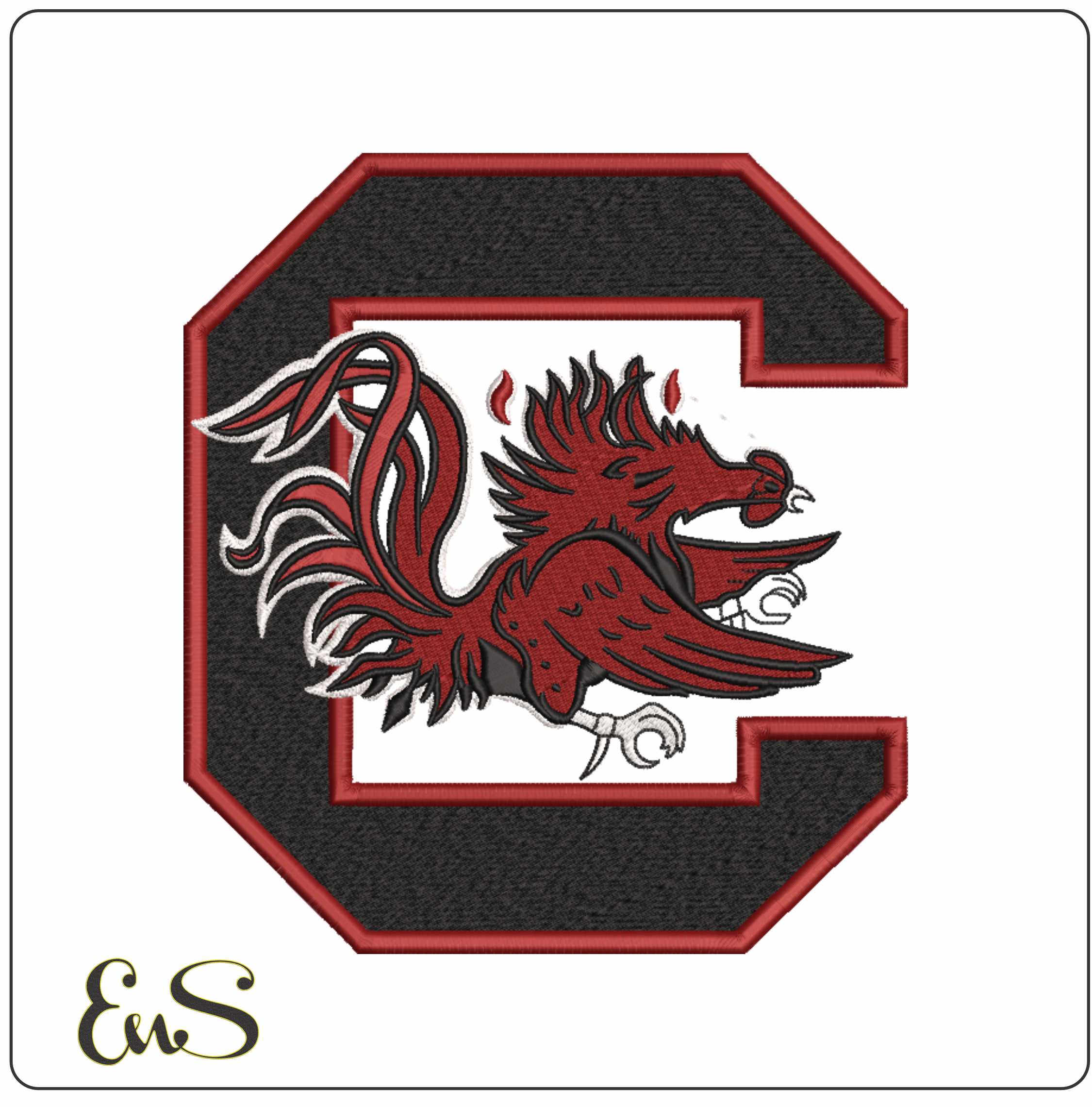 South Carolina Gamecocks Block C White Outline Embroidery Design