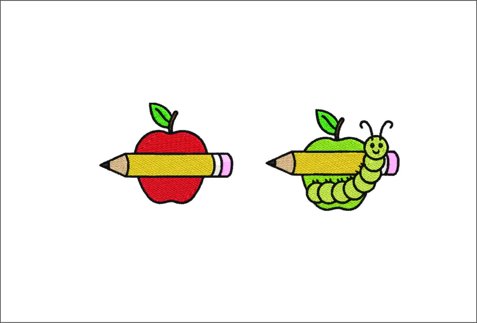 Two Pencils and Apple Embroidery Design