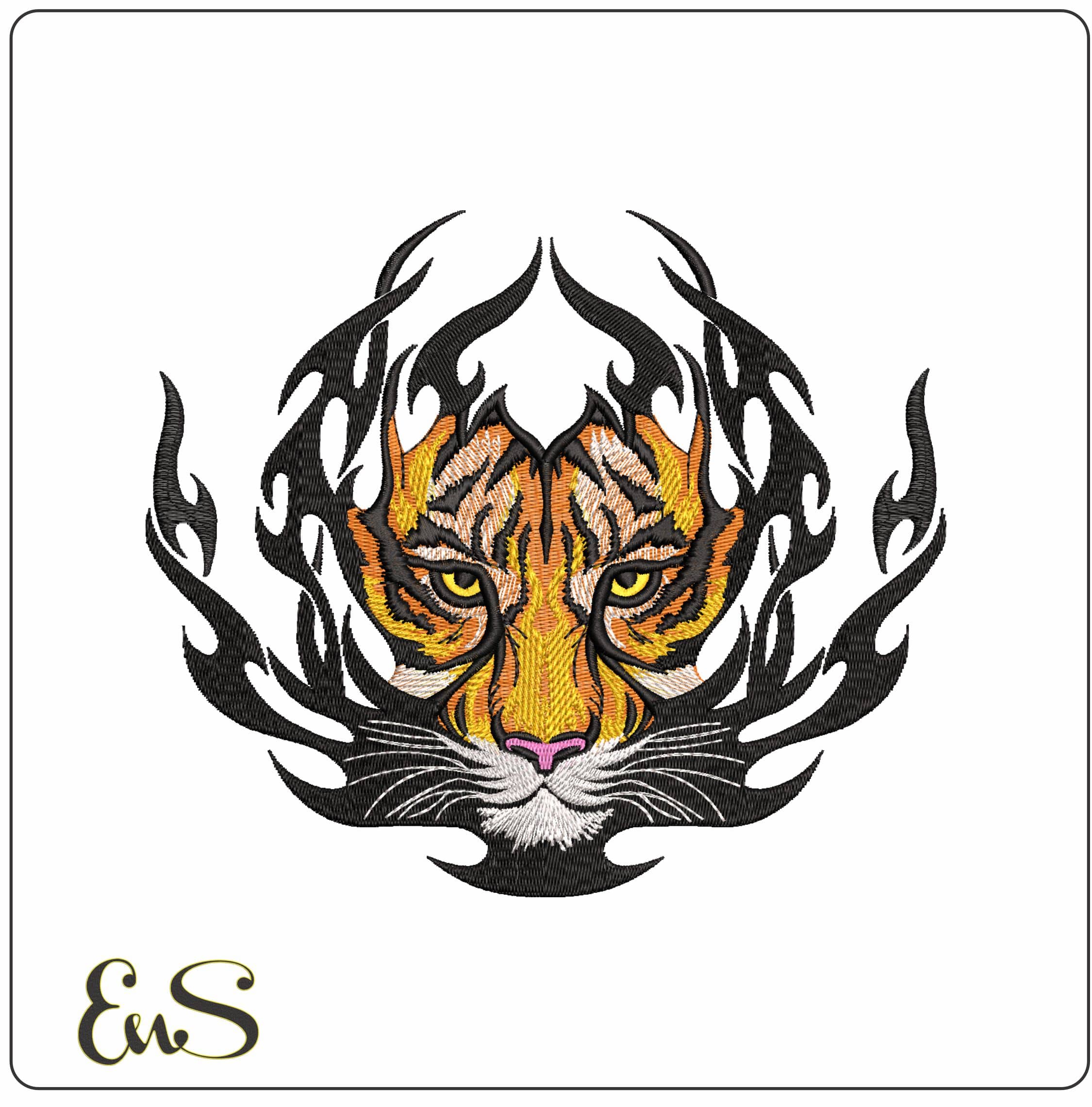 Tiger Face in Flames Tattoo Embroidery Design