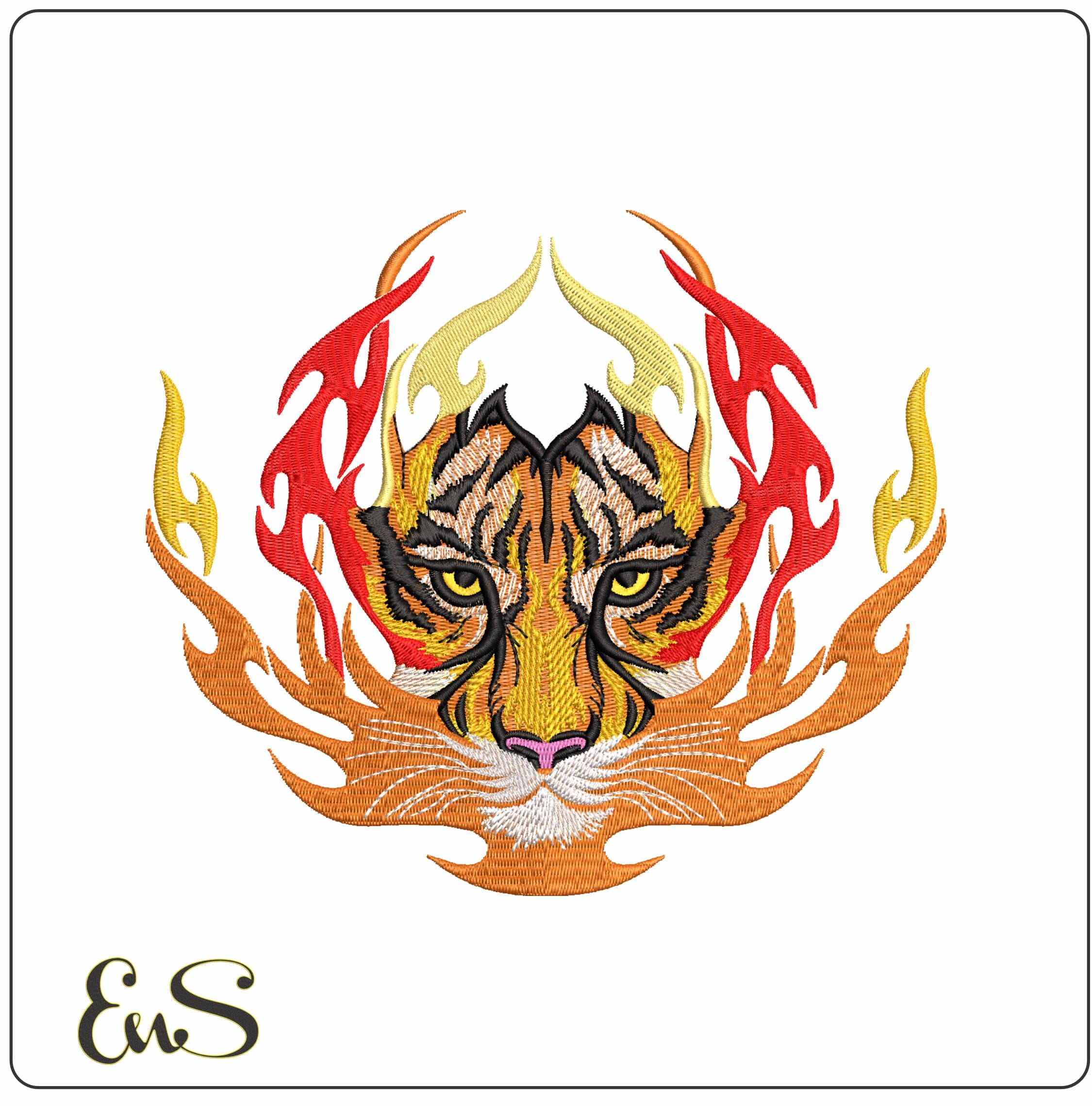 Tiger Face in Vibrant Flames Tattoo Embroidery Design